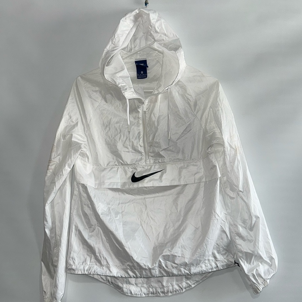 Nike White Hooded Anorak Windbreaker with Black Swoosh